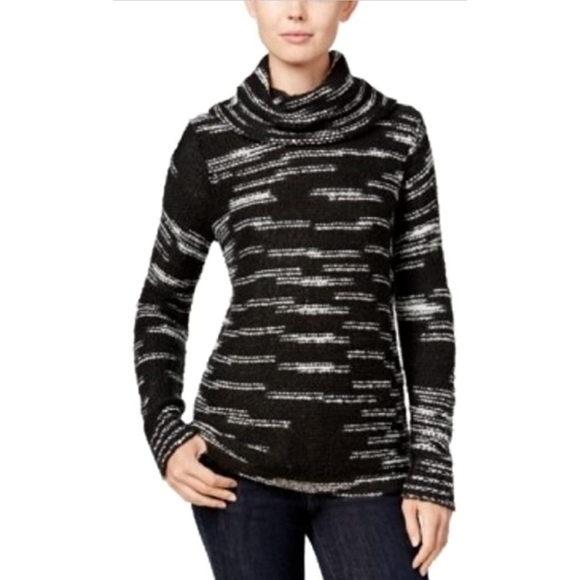 Kensie Sweaters - Kensie Space Dyed Cowl Neck Knit Sweater Black & White Size Medium